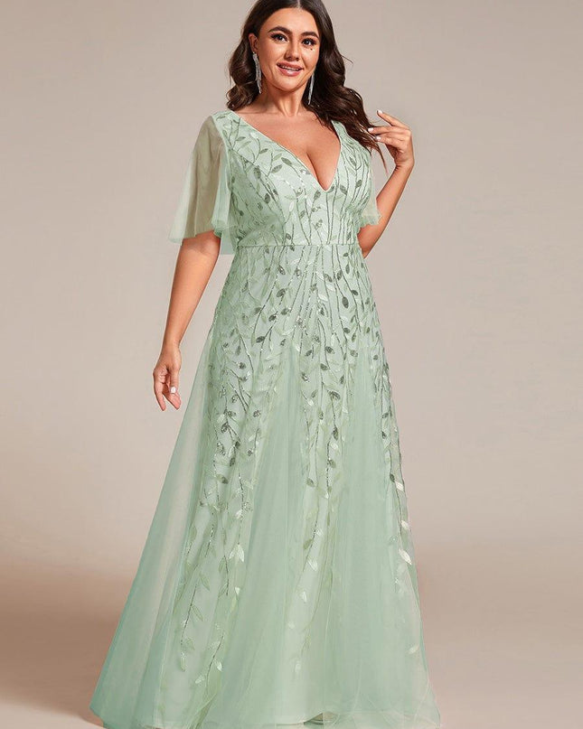 Zia | Fitted V-Neck Ruffle Sleeve Evening Dress