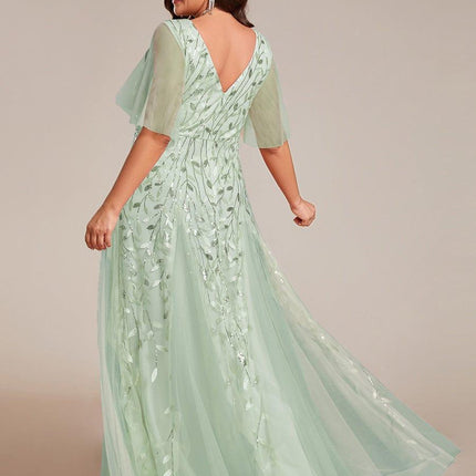 Zia | Fitted V-Neck Ruffle Sleeve Evening Dress