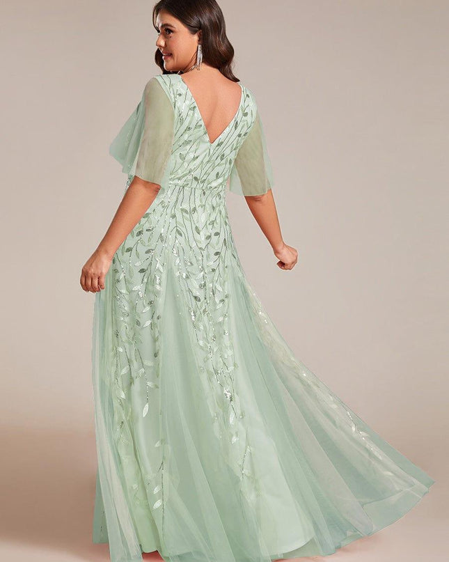 Zia | Fitted V-Neck Ruffle Sleeve Evening Dress