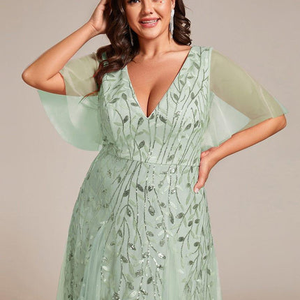 Zia | Fitted V-Neck Ruffle Sleeve Evening Dress