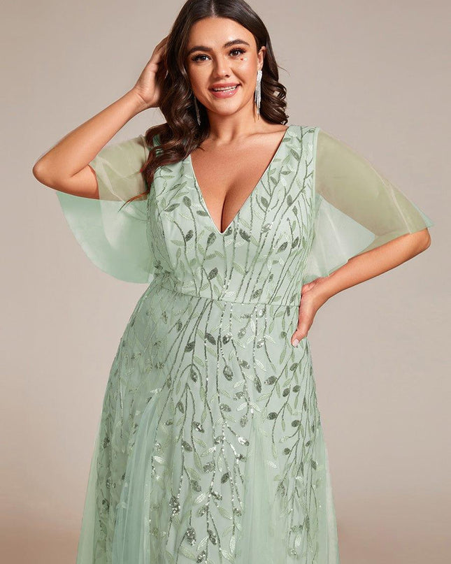 Zia | Fitted V-Neck Ruffle Sleeve Evening Dress