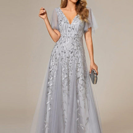 Zia | Fitted V-Neck Ruffle Sleeve Evening Dress