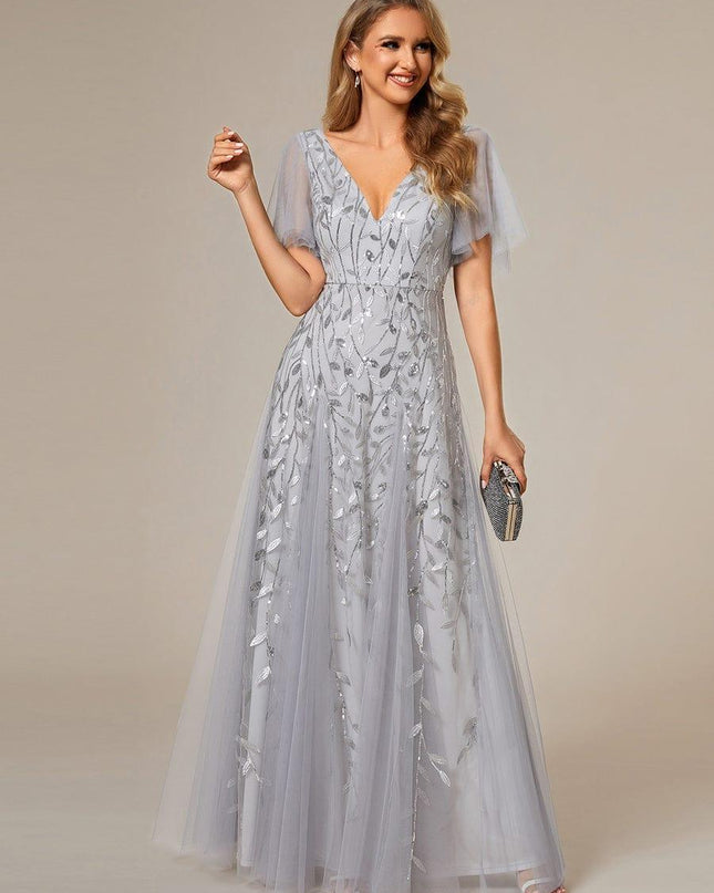 Zia | Fitted V-Neck Ruffle Sleeve Evening Dress