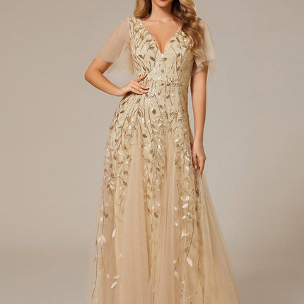 Zia | Fitted V-Neck Ruffle Sleeve Evening Dress