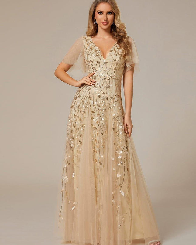 Zia | Fitted V-Neck Ruffle Sleeve Evening Dress