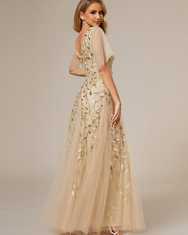 Zia | Fitted V-Neck Ruffle Sleeve Evening Dress