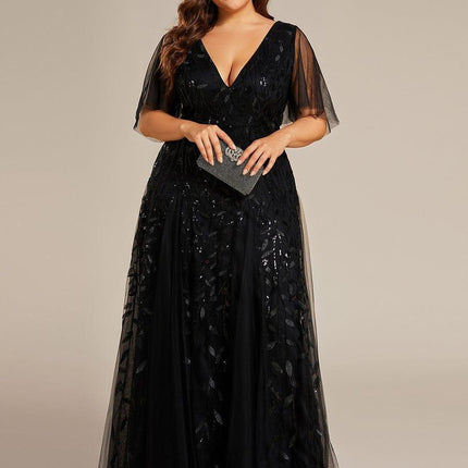 Zia | Fitted V-Neck Ruffle Sleeve Evening Dress