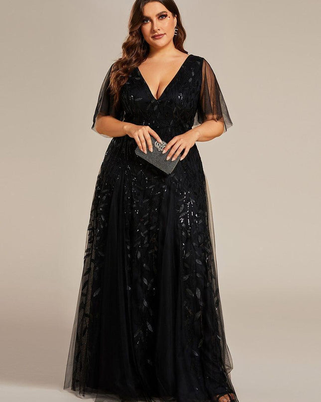 Zia | Fitted V-Neck Ruffle Sleeve Evening Dress