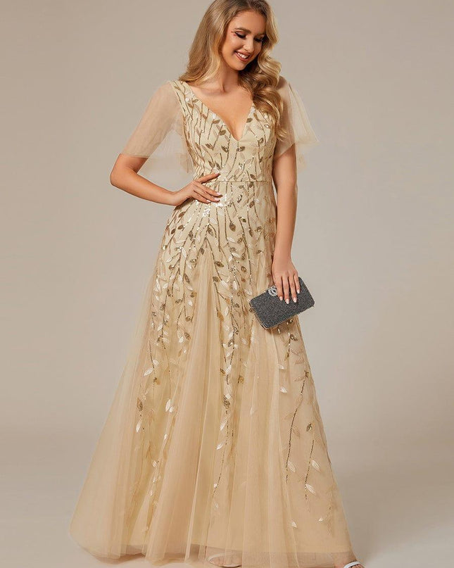 Zia | Fitted V-Neck Ruffle Sleeve Evening Dress