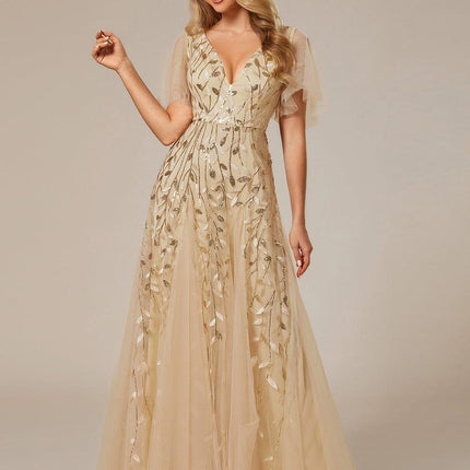 Zia | Fitted V-Neck Ruffle Sleeve Evening Dress