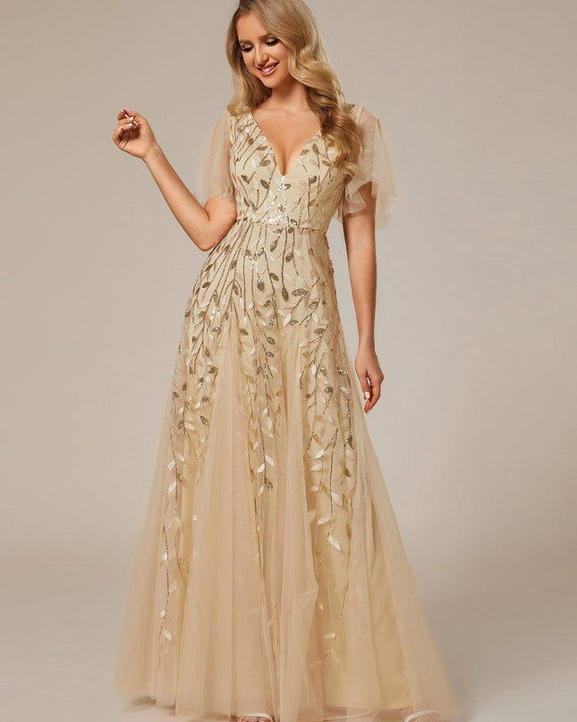 Zia | Fitted V-Neck Ruffle Sleeve Evening Dress