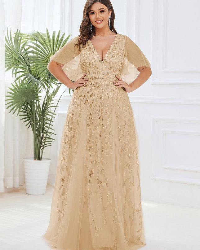 Zia | Fitted V-Neck Ruffle Sleeve Evening Dress