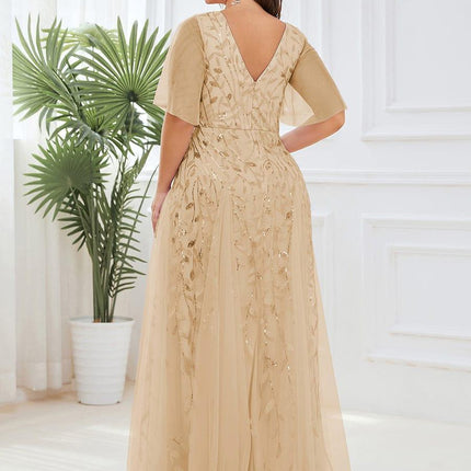Zia | Fitted V-Neck Ruffle Sleeve Evening Dress