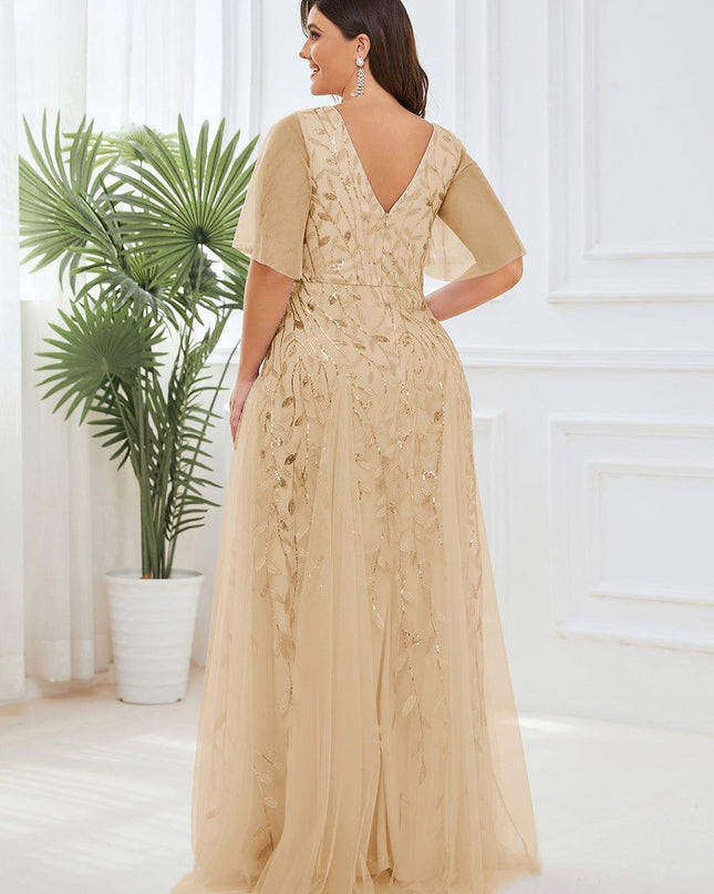 Zia | Fitted V-Neck Ruffle Sleeve Evening Dress