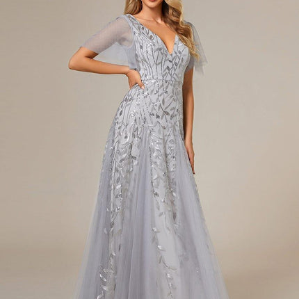 Zia | Fitted V-Neck Ruffle Sleeve Evening Dress