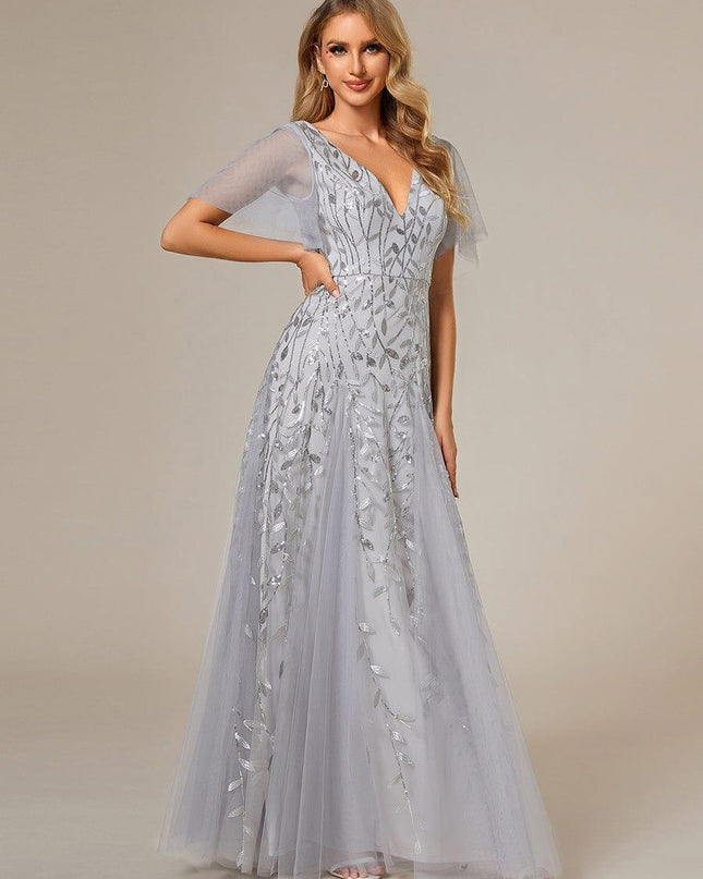 Zia | Fitted V-Neck Ruffle Sleeve Evening Dress