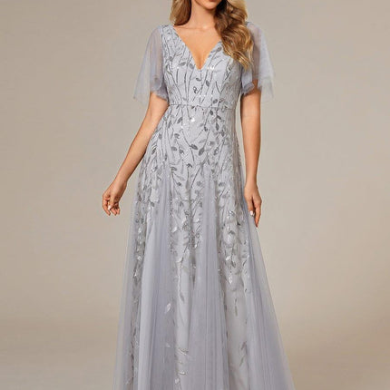 Zia | Fitted V-Neck Ruffle Sleeve Evening Dress