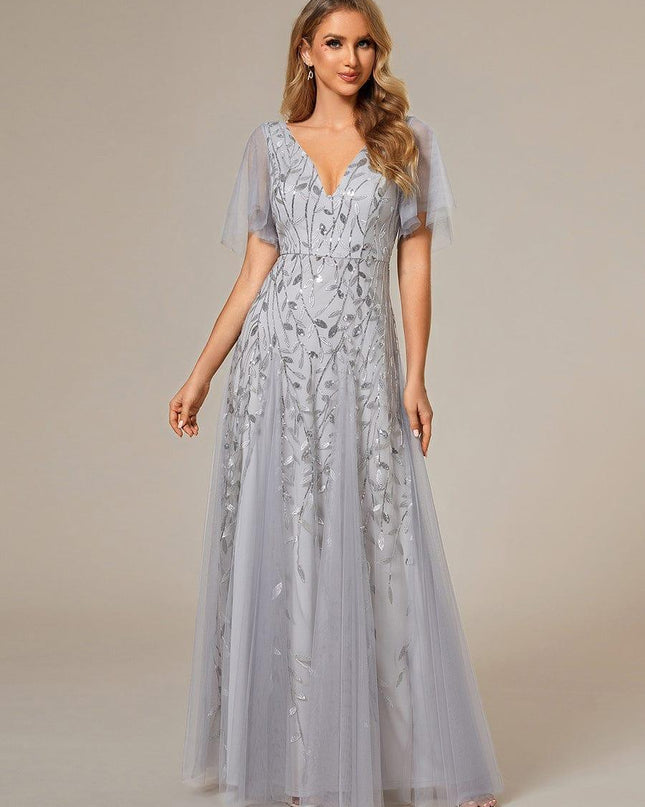 Zia | Fitted V-Neck Ruffle Sleeve Evening Dress