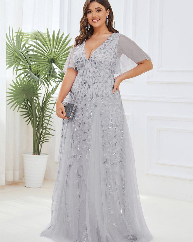 Zia | Fitted V-Neck Ruffle Sleeve Evening Dress