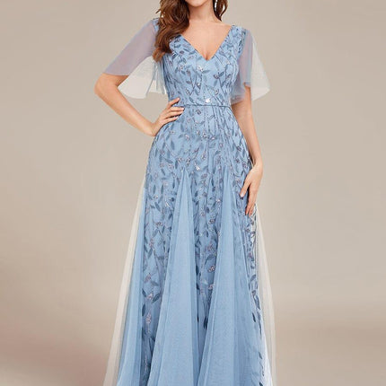 Zia | Fitted V-Neck Ruffle Sleeve Evening Dress