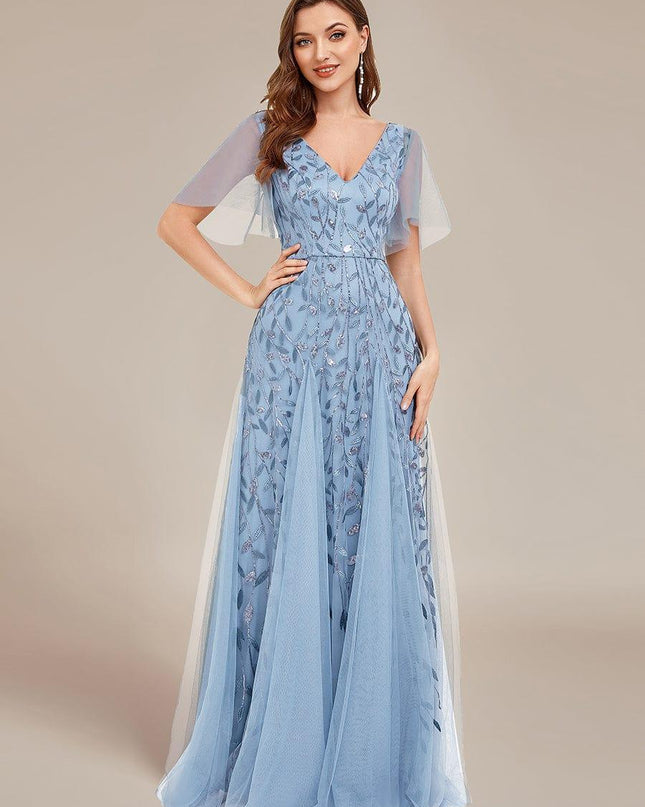 Zia | Fitted V-Neck Ruffle Sleeve Evening Dress