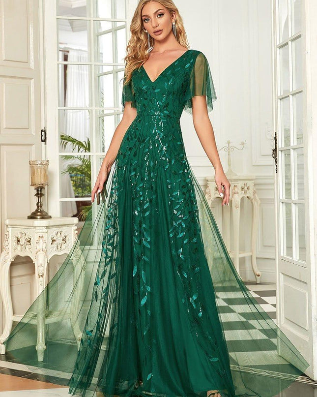 Zia | Fitted V-Neck Ruffle Sleeve Evening Dress