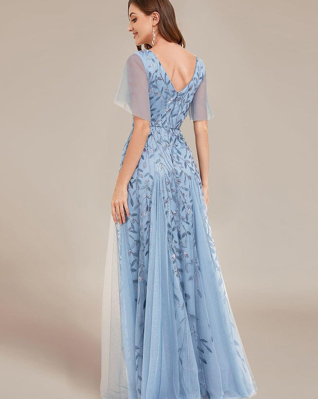 Zia | Fitted V-Neck Ruffle Sleeve Evening Dress