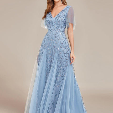 Zia | Fitted V-Neck Ruffle Sleeve Evening Dress