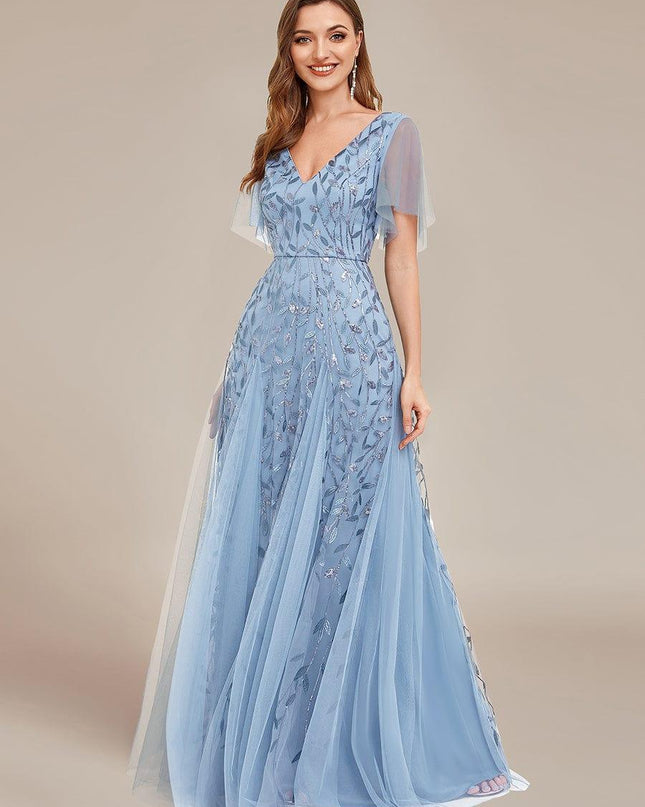 Zia | Fitted V-Neck Ruffle Sleeve Evening Dress