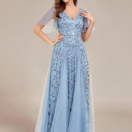 Zia | Fitted V-Neck Ruffle Sleeve Evening Dress