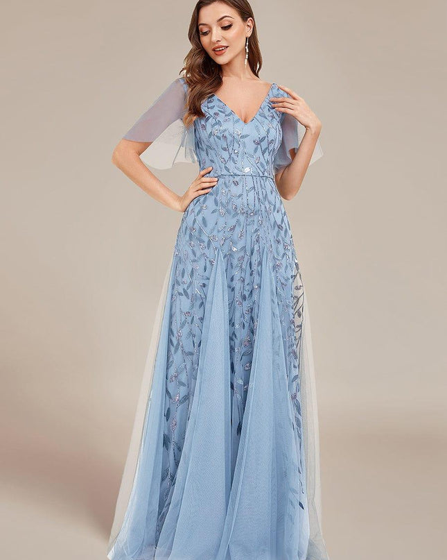 Zia | Fitted V-Neck Ruffle Sleeve Evening Dress