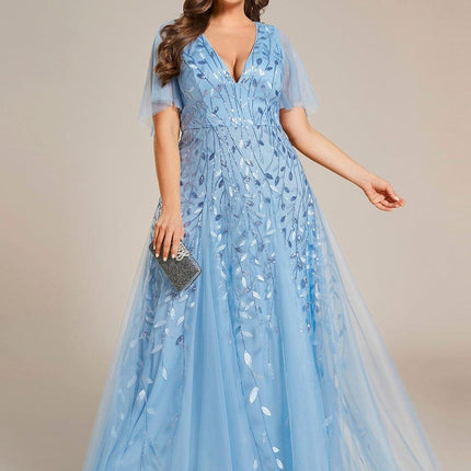 Zia | Fitted V-Neck Ruffle Sleeve Evening Dress