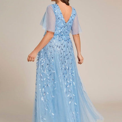 Zia | Fitted V-Neck Ruffle Sleeve Evening Dress