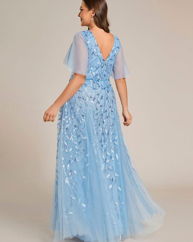 Zia | Fitted V-Neck Ruffle Sleeve Evening Dress