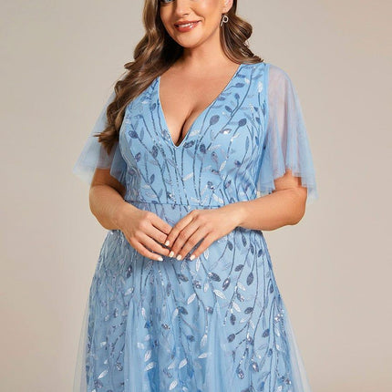 Zia | Fitted V-Neck Ruffle Sleeve Evening Dress