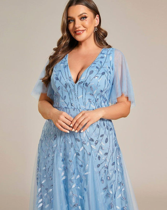 Zia | Fitted V-Neck Ruffle Sleeve Evening Dress