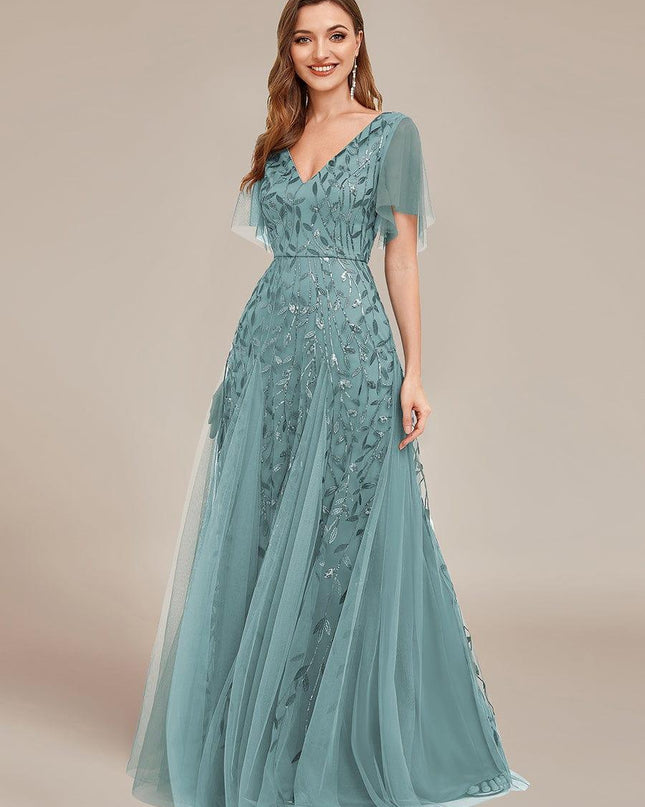 Zia | Fitted V-Neck Ruffle Sleeve Evening Dress