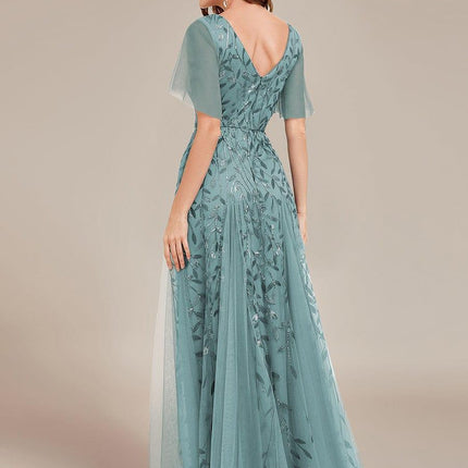 Zia | Fitted V-Neck Ruffle Sleeve Evening Dress