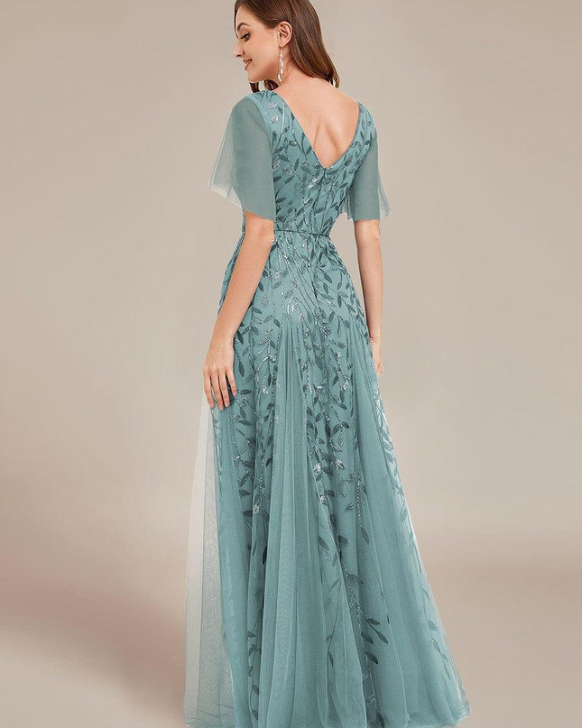 Zia | Fitted V-Neck Ruffle Sleeve Evening Dress