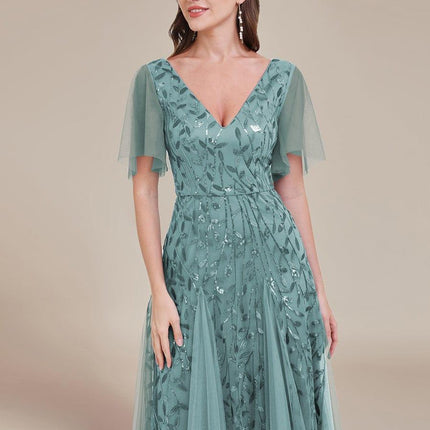 Zia | Fitted V-Neck Ruffle Sleeve Evening Dress
