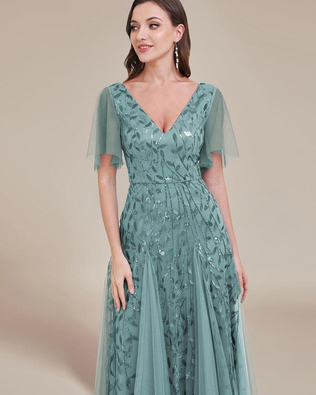 Zia | Fitted V-Neck Ruffle Sleeve Evening Dress