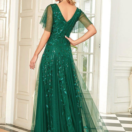 Zia | Fitted V-Neck Ruffle Sleeve Evening Dress