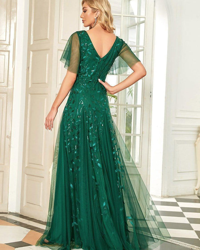 Zia | Fitted V-Neck Ruffle Sleeve Evening Dress