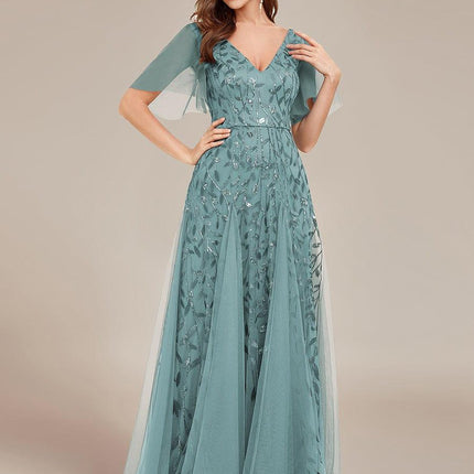 Zia | Fitted V-Neck Ruffle Sleeve Evening Dress