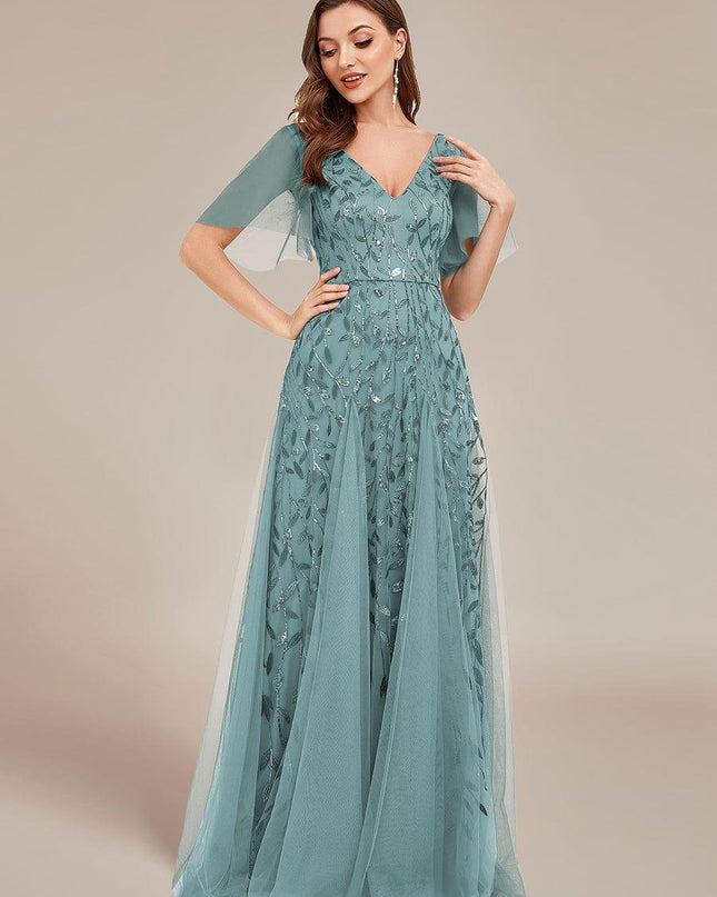 Zia | Fitted V-Neck Ruffle Sleeve Evening Dress