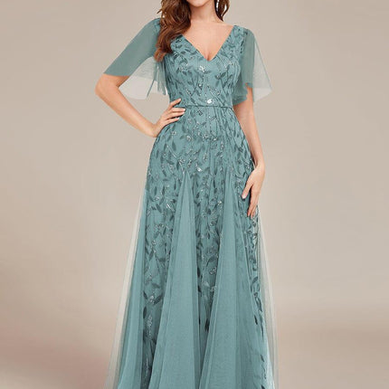 Zia | Fitted V-Neck Ruffle Sleeve Evening Dress
