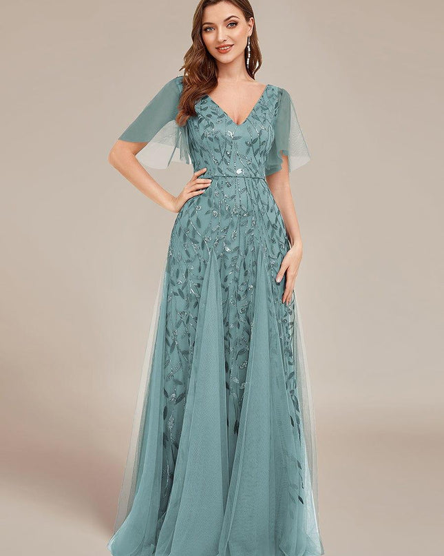 Zia | Fitted V-Neck Ruffle Sleeve Evening Dress