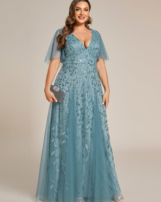 Zia | Fitted V-Neck Ruffle Sleeve Evening Dress