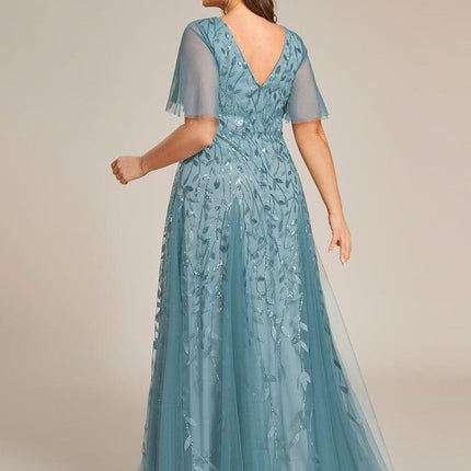 Zia | Fitted V-Neck Ruffle Sleeve Evening Dress