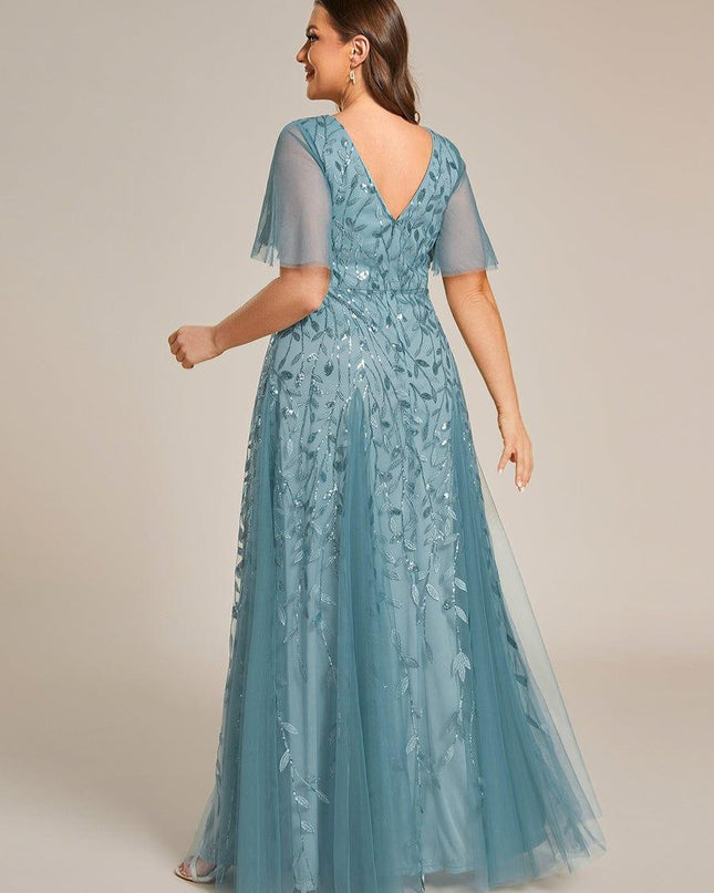 Zia | Fitted V-Neck Ruffle Sleeve Evening Dress